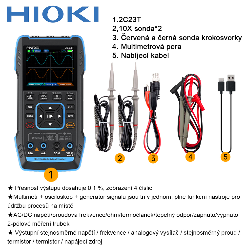 2C24T-Přesnost výstupu dosahuje 0,1 %, displej 4 číslice/multimetr + osciloskop + generátor signálu tři v jednom